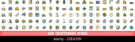 100 craftsman icons set. Color line set of craftsman vector icons thin line color flat on white Stock Vector