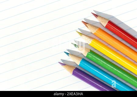 Colored pencils arranged in a formation resembling the pride flag. Copy space Stock Photo