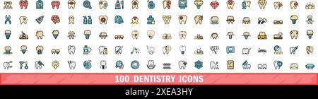 100 dentistry icons set. Color line set of dentistry vector icons thin line color flat on white Stock Vector