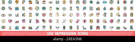 100 depression icons set. Color line set of depression vector icons thin line color flat on white Stock Vector