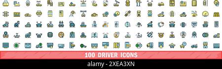 100 driver icons set. Color line set of driver vector icons thin line color flat on white Stock Vector