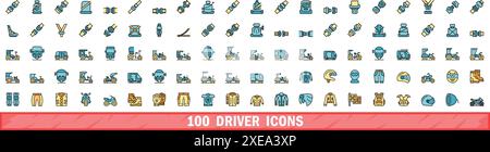100 driver icons set. Color line set of driver vector icons thin line color flat on white Stock Vector