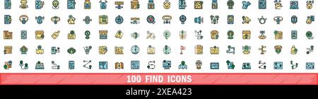 100 find icons set. Color line set of find vector icons thin line color flat on white Stock Vector