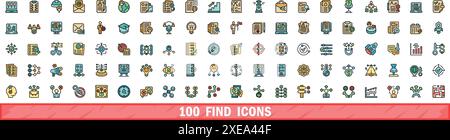 100 find icons set. Color line set of find vector icons thin line color flat on white Stock Vector