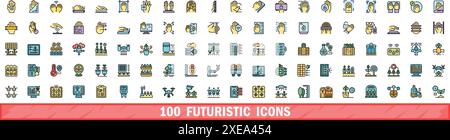 100 futuristic icons set. Color line set of futuristic vector icons thin line color flat on white Stock Vector