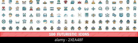 100 futuristic icons set. Color line set of futuristic vector icons thin line color flat on white Stock Vector