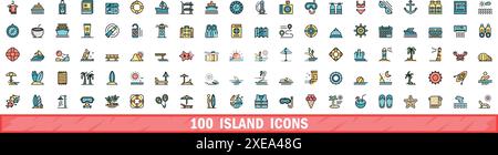 100 island icons set. Color line set of island vector icons thin line color flat on white Stock Vector