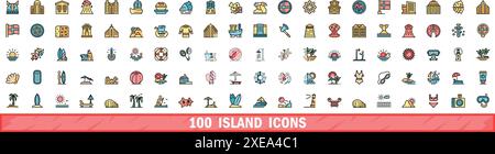 100 island icons set. Color line set of island vector icons thin line color flat on white Stock Vector