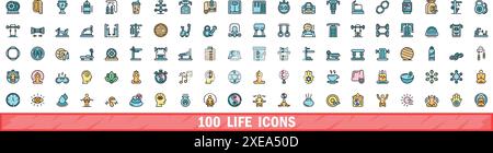 100 life icons set. Color line set of life vector icons thin line color flat on white Stock Vector