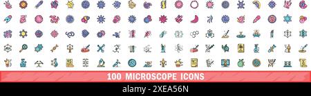 100 microscope icons set. Color line set of microscope vector icons thin line color flat on white Stock Vector