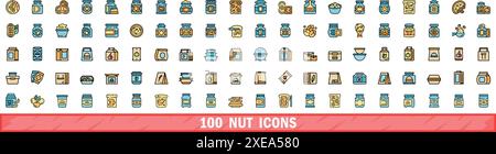 100 nut icons set. Color line set of nut vector icons thin line color flat on white Stock Vector