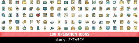 100 operation icons set. Color line set of operation vector icons thin line color flat on white Stock Vector