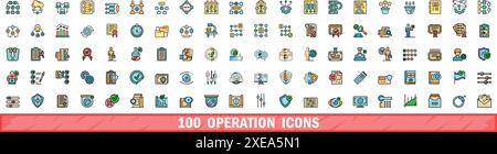 100 operation icons set. Color line set of operation vector icons thin line color flat on white Stock Vector