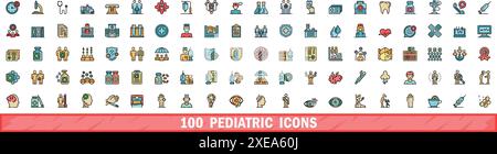 100 pediatric icons set. Color line set of pediatric vector icons thin line color flat on white Stock Vector