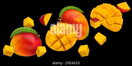 Mango fruits slices on black background Stock Photo