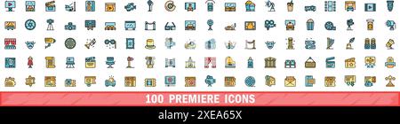 100 premiere icons set. Color line set of premiere vector icons thin line color flat on white Stock Vector