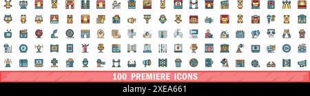 100 premiere icons set. Color line set of premiere vector icons thin line color flat on white Stock Vector