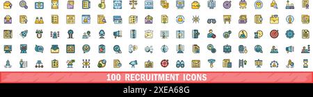 100 recruitment icons set. Color line set of recruitment vector icons thin line color flat on white Stock Vector