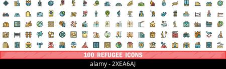 100 refugee icons set. Color line set of refugee vector icons thin line color flat on white Stock Vector