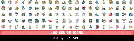 100 senior icons set. Color line set of senior vector icons thin line color flat on white Stock Vector