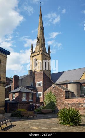 Spire of Cathedral Church of St Marie as seen from  forecourt of Upper Chapel. Sheffield. England Stock Photo