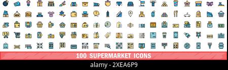 100 supermarket icons set. Color line set of supermarket vector icons thin line color flat on white Stock Vector