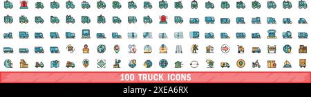 100 truck icons set. Color line set of truck vector icons thin line color flat on white Stock Vector