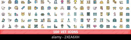 100 vet icons set. Color line set of vet vector icons thin line color flat on white Stock Vector