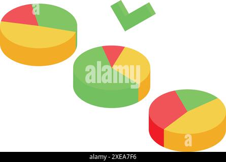 Three multicolored pie charts with a green check mark above them representing the successful completion of business tasks Stock Vector