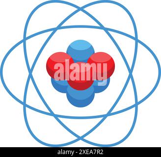 Atom particles rotating around nucleus icon in isometric style for web design isolated on white background Stock Vector