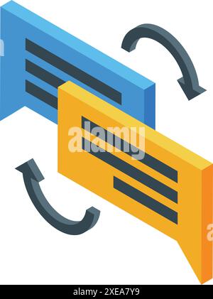Two speech bubbles are exchanging information and data through isometric arrows Stock Vector