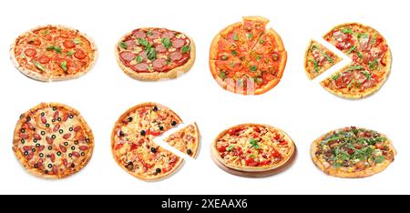 Different tasty pizzas isolated on white, collection Stock Photo