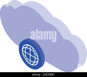 Blue cloud is hovering over a blue circle with a white globe inside, representing cloud computing connecting to a global network Stock Vector