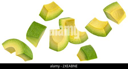 Falling avocado slices isolated on white background Stock Photo