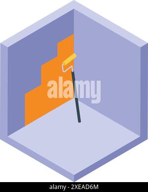 Painter is working in a room, using a roller brush to apply paint to the wall, in this isometric view Stock Vector