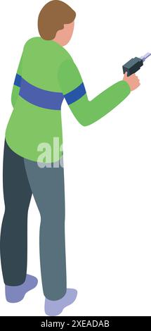 Handyman is using an electric drill in this isometric illustration Stock Vector