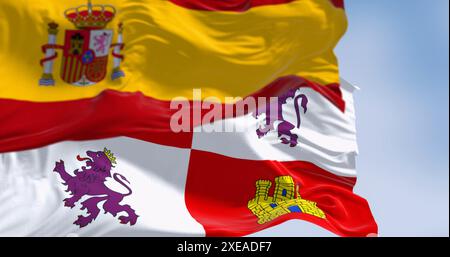 The Castile and Leon flag waving in the wind on a clear days Stock Photo