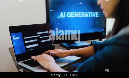 AI generative app. Woman chatting with Artificial Intelligence software in computer laptop. Technology trends Stock Photo