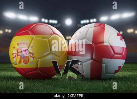 Two soccer balls in flags colors on a stadium blurred background. Spain vs Georgia . 3D image. Stock Photo