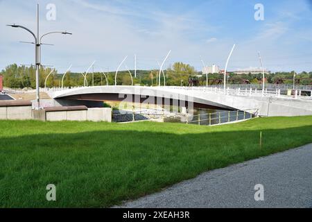 SHERBROOKE, QUEBEC, CANADA - September 23, 2023 - Bridge construction over Magog river. Pont des Grandes Fourches. Stock Photo