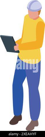 Construction manager wearing helmet holding tablet and controlling working process on site Stock Vector