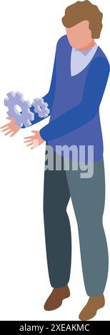 Young software developer is holding gears, symbolizing his expertise in programming and software development Stock Vector