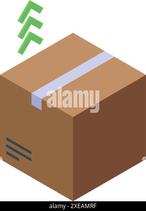 Cardboard box is waiting to be shipped with a fast delivery sign above it Stock Vector
