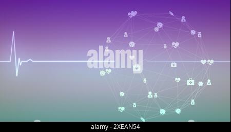 Image of heart rhythm and connected icons forming globe over gradient background Stock Photo