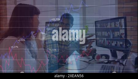 Image of graphs, binary codes, computer language, diverse coworkers discussing about pictures Stock Photo
