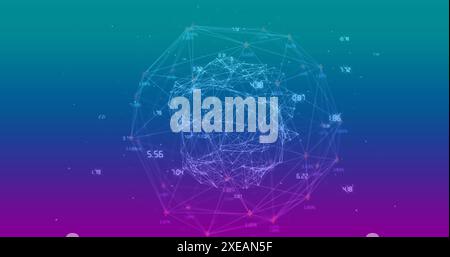 Image of numbers around connected dots forming globes over gradient background Stock Photo