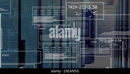 Image of graphs, loading bars, circles and computer language over server room Stock Photo
