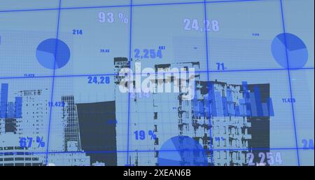 Image of multiple graphs and changing numbers over modern buildings in background Stock Photo
