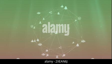 Image of icons connected with lines forming globe over gradient background Stock Photo