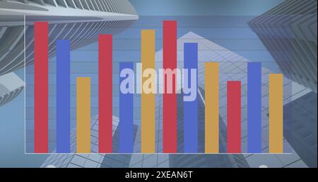 Image of multicolored bar graph over low angle view of modern buildings against sky Stock Photo